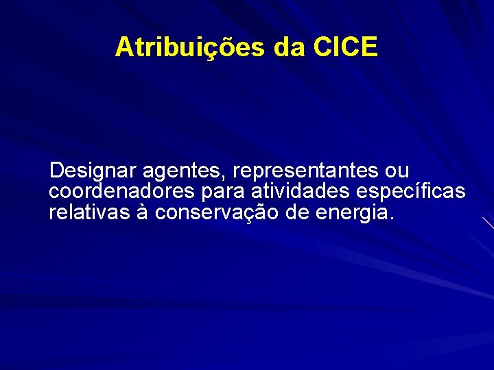 Atribuições da CICE Designar agentes, representantes ou coordenadores para atividades específicas relativas à conservação