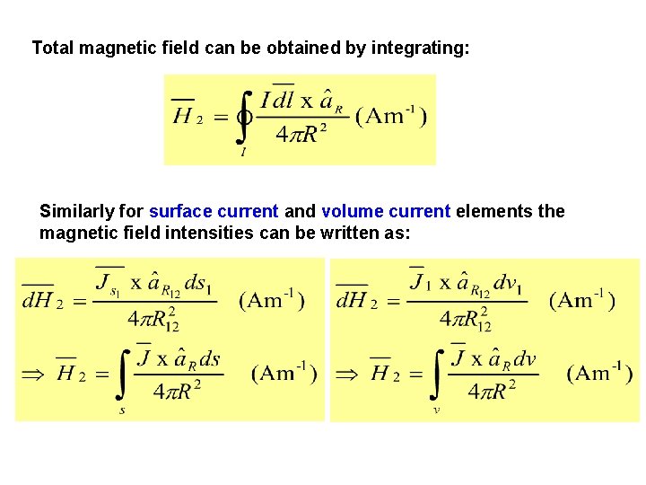 Total magnetic field can be obtained by integrating: Similarly for surface current and volume