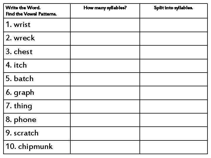 Write the Word. Find the Vowel Patterns. 1. wrist 2. wreck 3. chest 4.