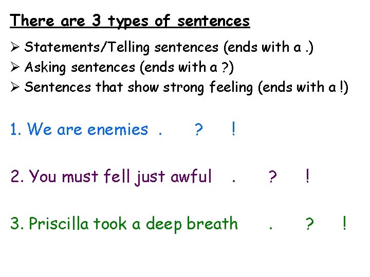 There are 3 types of sentences Ø Statements/Telling sentences (ends with a. ) Ø