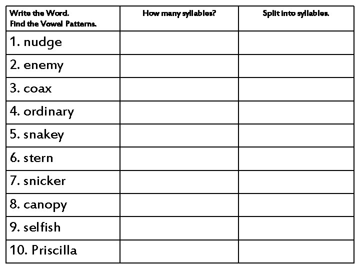 Write the Word. Find the Vowel Patterns. 1. nudge 2. enemy 3. coax 4.