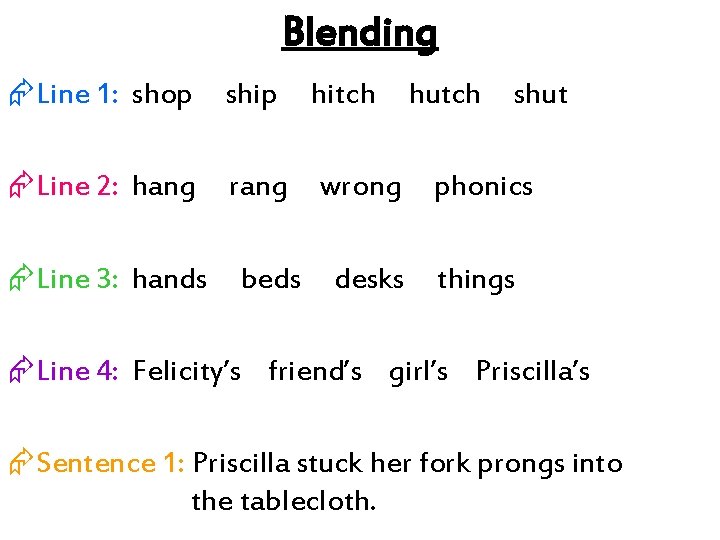Blending ÆLine 1: shop ship hitch ÆLine 2: hang rang wrong phonics desks things
