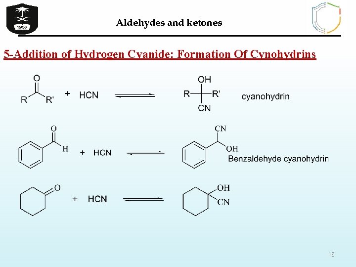 Aldehydes and ketones 5 -Addition of Hydrogen Cyanide: Formation Of Cynohydrins 16 