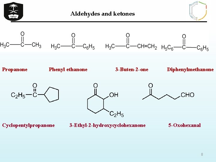 Aldehydes and ketones Propanone Phenyl ethanone Cyclopentylpropanone 3 -Buten-2 -one 3 -Ethyl-2 -hydroxycyclohexanone Diphenylmethanone