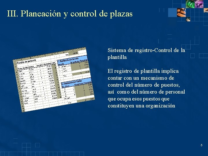 III. Planeación y control de plazas Sistema de registro-Control de la plantilla El registro