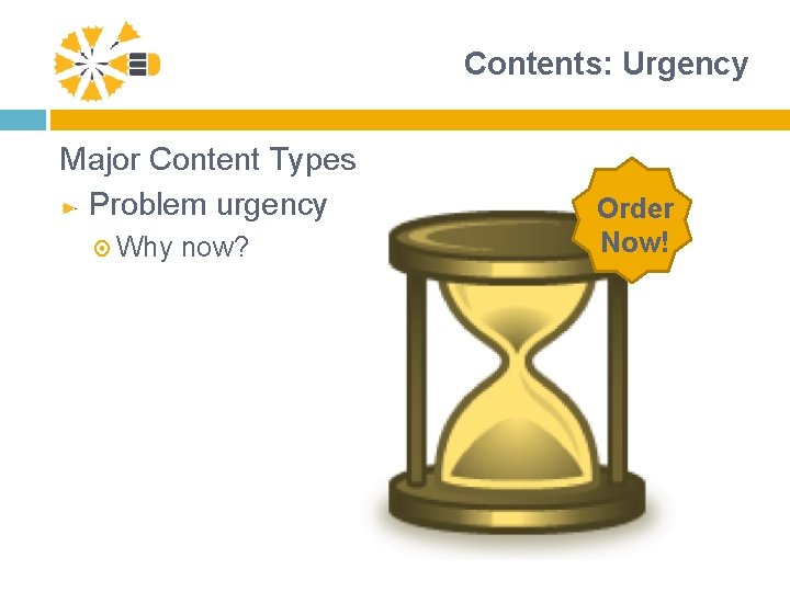 Contents: Urgency Major Content Types Problem urgency Why now? Order Now! 