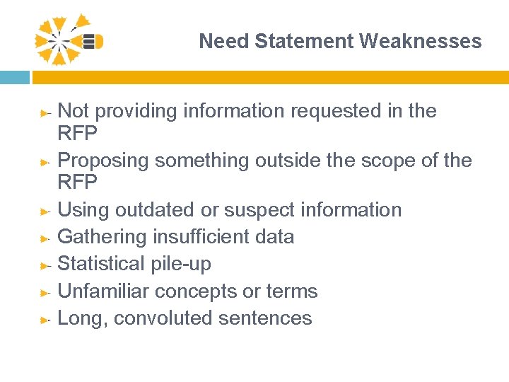 Need Statement Weaknesses Not providing information requested in the RFP Proposing something outside the