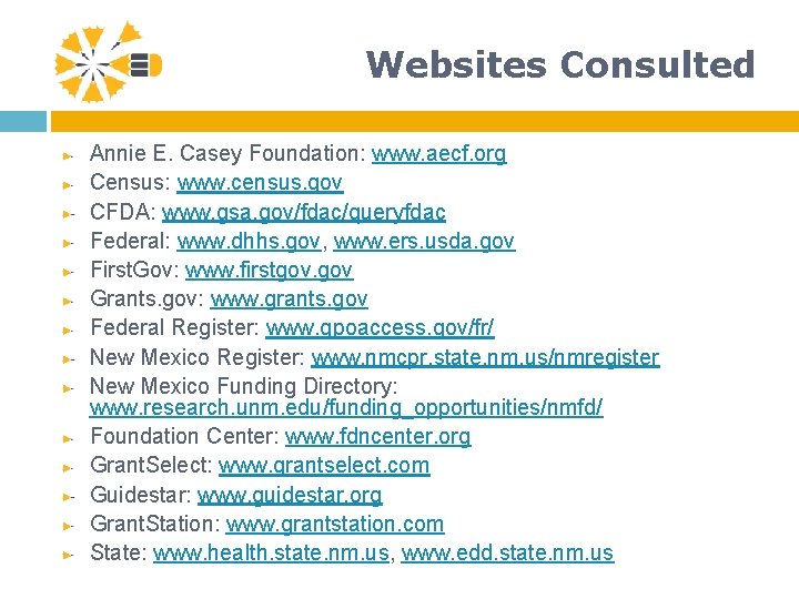 Websites Consulted Annie E. Casey Foundation: www. aecf. org Census: www. census. gov CFDA: