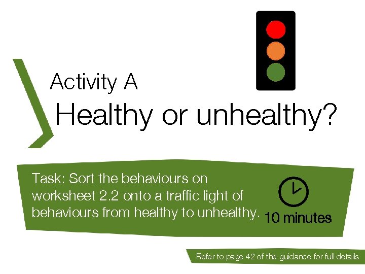 Activity A Healthy or unhealthy? Task: Sort the behaviours on worksheet 2. 2 onto