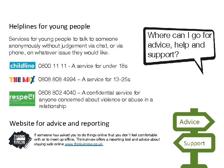 Helplines for young people Services for young people to talk to someone anonymously without