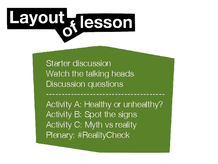 Starter discussion Watch the talking heads Discussion questions -------------------Activity A: Healthy or unhealthy? Activity