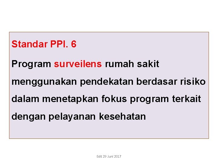 Standar PPI. 6 Program surveilens rumah sakit menggunakan pendekatan berdasar risiko dalam menetapkan fokus Standar PPI. 6 Program surveilens rumah sakit menggunakan pendekatan berdasar risiko dalam menetapkan fokus