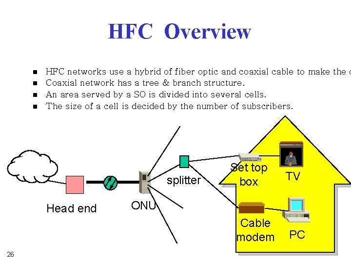 HFC Overview n n HFC networks use a hybrid of fiber optic and coaxial HFC Overview n n HFC networks use a hybrid of fiber optic and coaxial