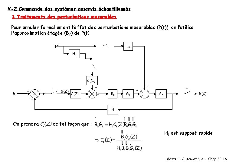 V-2 Commande des systèmes asservis échantillonnés 1 Traitements des perturbations mesurables Pour annuler formellement
