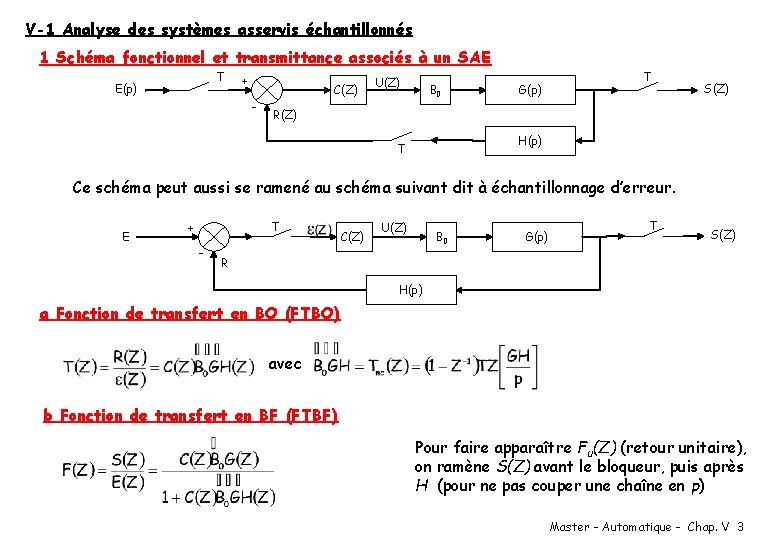V-1 Analyse des systèmes asservis échantillonnés 1 Schéma fonctionnel et transmittance associés à un