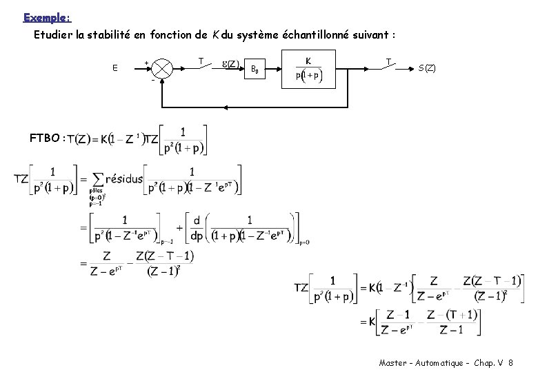 Exemple: Etudier la stabilité en fonction de K du système échantillonné suivant : E