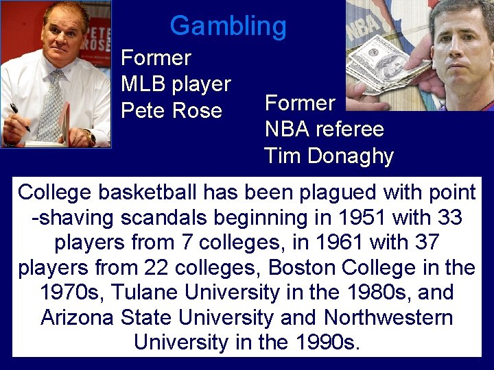 Gambling Former MLB player Pete Rose Former NBA referee Tim Donaghy College basketball has