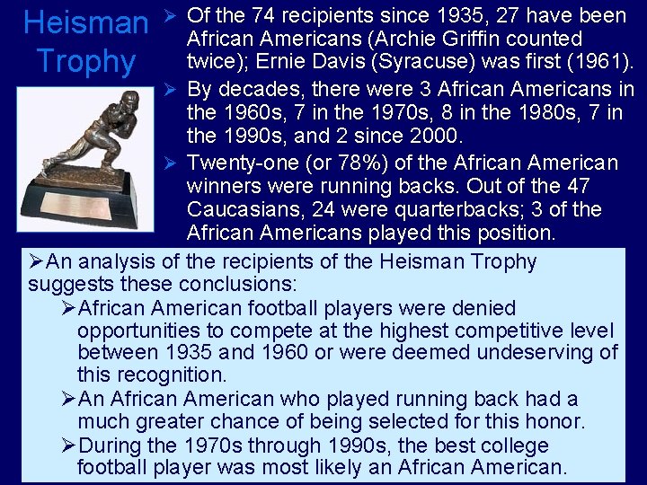 Heisman Trophy Ø Of the 74 recipients since 1935, 27 have been African Americans