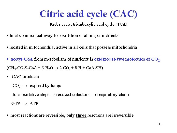 Citric acid cycle (CAC) Krebs cycle, tricarboxylic acid cycle (TCA) • final common pathway