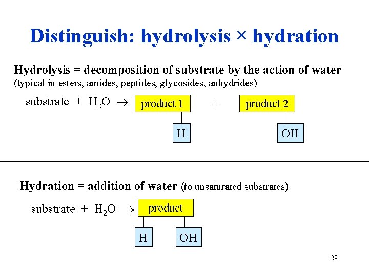 Distinguish: hydrolysis × hydration Hydrolysis = decomposition of substrate by the action of water