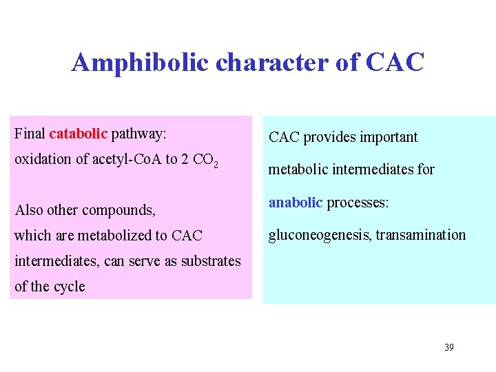 Amphibolic character of CAC Final catabolic pathway: CAC provides important oxidation of acetyl-Co. A