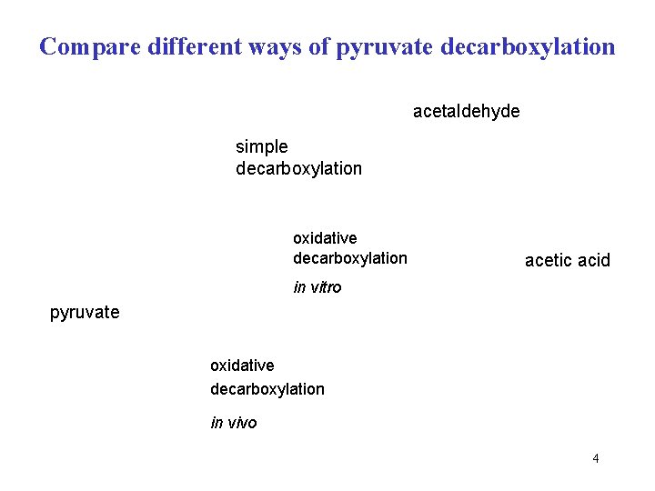 Compare different ways of pyruvate decarboxylation acetaldehyde simple decarboxylation oxidative decarboxylation acetic acid in