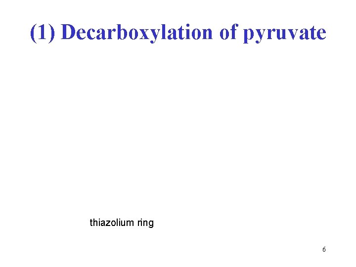 (1) Decarboxylation of pyruvate thiazolium ring 6 