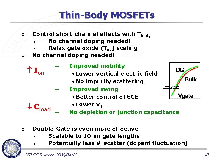 Thin-Body MOSFETs q q Control short-channel effects with Tbody Ø No channel doping needed!