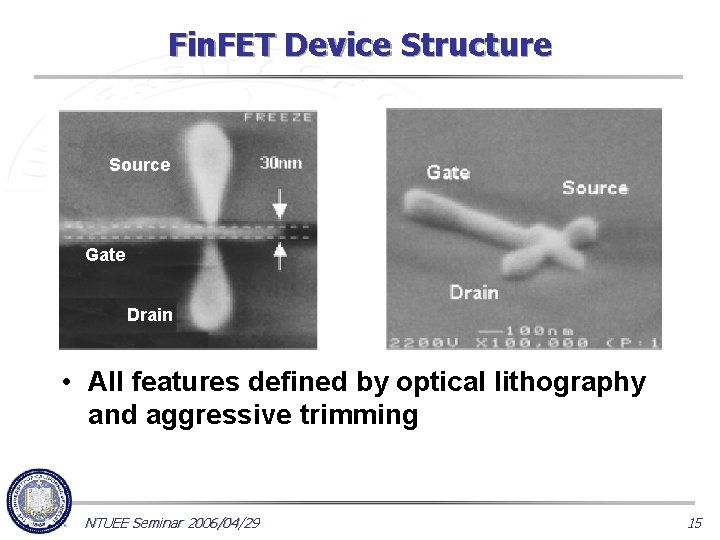 Fin. FET Device Structure Source Gate Drain • All features defined by optical lithography