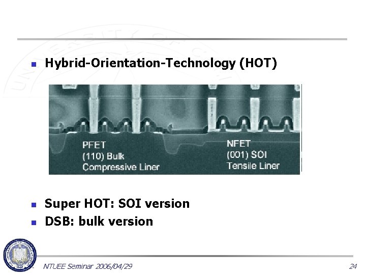 n n n Hybrid-Orientation-Technology (HOT) Super HOT: SOI version DSB: bulk version NTUEE Seminar