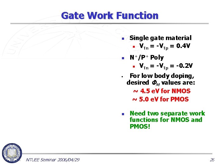 Gate Work Function n n • n NTUEE Seminar 2006/04/29 Single gate material n
