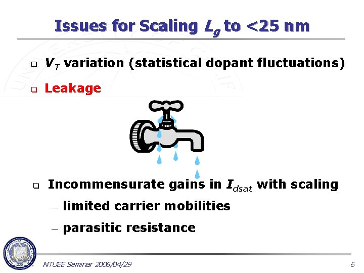 Issues for Scaling Lg to <25 nm q VT variation (statistical dopant fluctuations) q