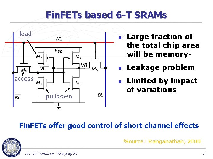 Fin. FETs based 6 -T SRAMs load n n access n pulldown Large fraction