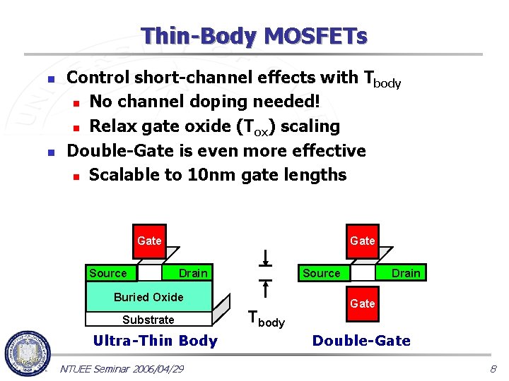 Thin-Body MOSFETs n n Control short-channel effects with Tbody n No channel doping needed!