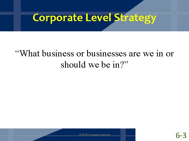Corporate Level Strategy “What business or businesses are we in or should we be