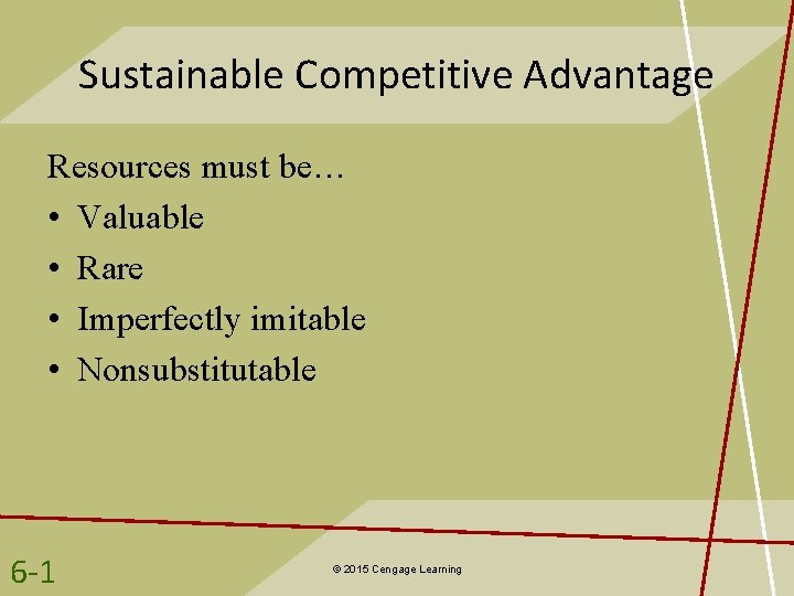 Sustainable Competitive Advantage Resources must be… • Valuable • Rare • Imperfectly imitable •