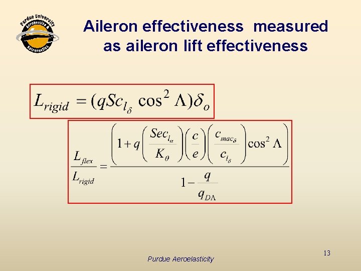 Aileron effectiveness measured as aileron lift effectiveness Purdue Aeroelasticity 13 