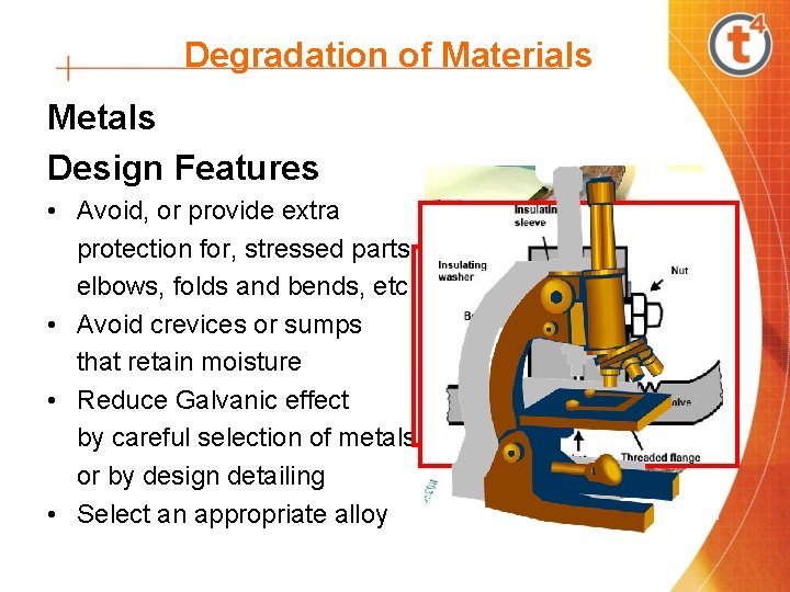 Degradation of Materials Metals Design Features • Avoid, or provide extra protection for, stressed