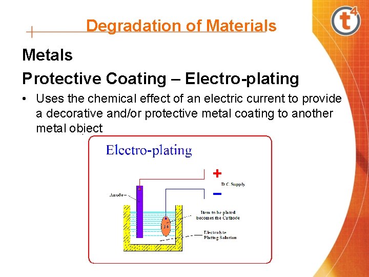 Degradation of Materials Metals Protective Coating – Electro-plating • Uses the chemical effect of