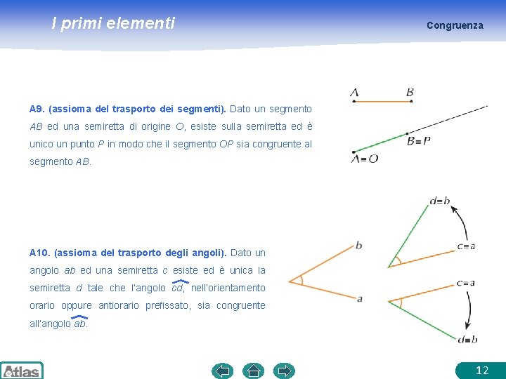 I primi elementi Congruenza A 9. (assioma del trasporto dei segmenti). Dato un segmento