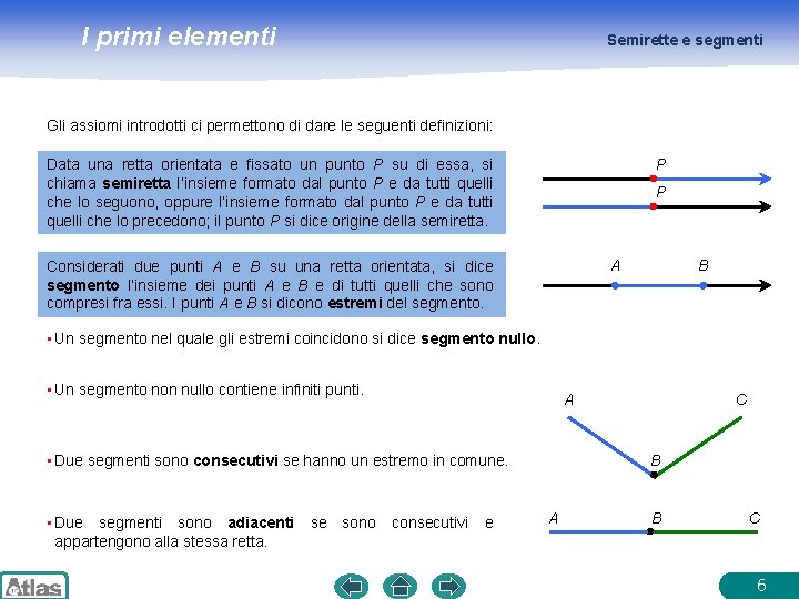 I primi elementi Semirette e segmenti Gli assiomi introdotti ci permettono di dare le