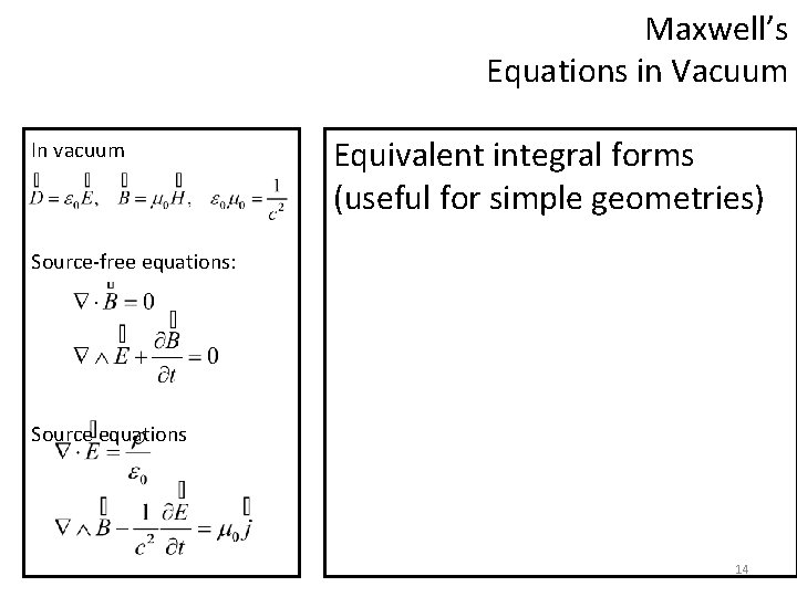 Maxwell’s Equations in Vacuum In vacuum Equivalent integral forms (useful for simple geometries) Source-free