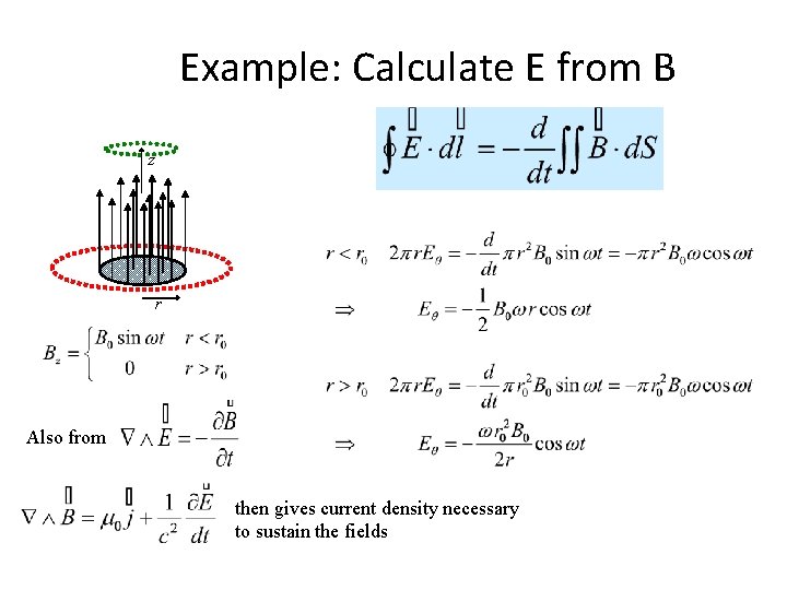 Example: Calculate E from B z r Also from then gives current density necessary