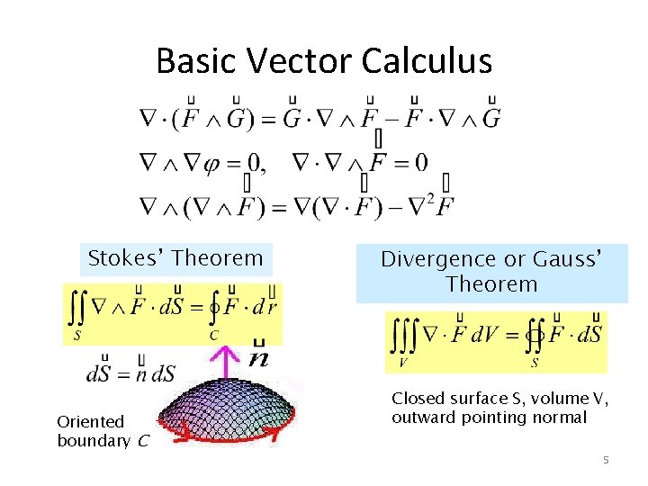 Basic Vector Calculus Stokes’ Theorem Oriented boundary C Divergence or Gauss’ Theorem Closed surface