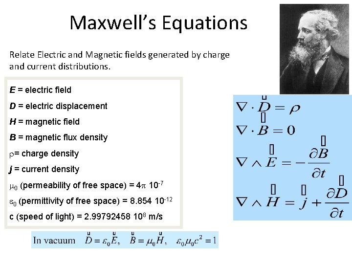 Maxwell’s Equations Relate Electric and Magnetic fields generated by charge and current distributions. E