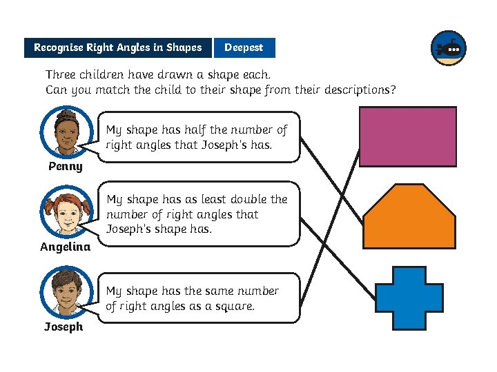 Recognise Right Angles in Shapes Deepest Three children have drawn a shape each. Can Recognise Right Angles in Shapes Deepest Three children have drawn a shape each. Can