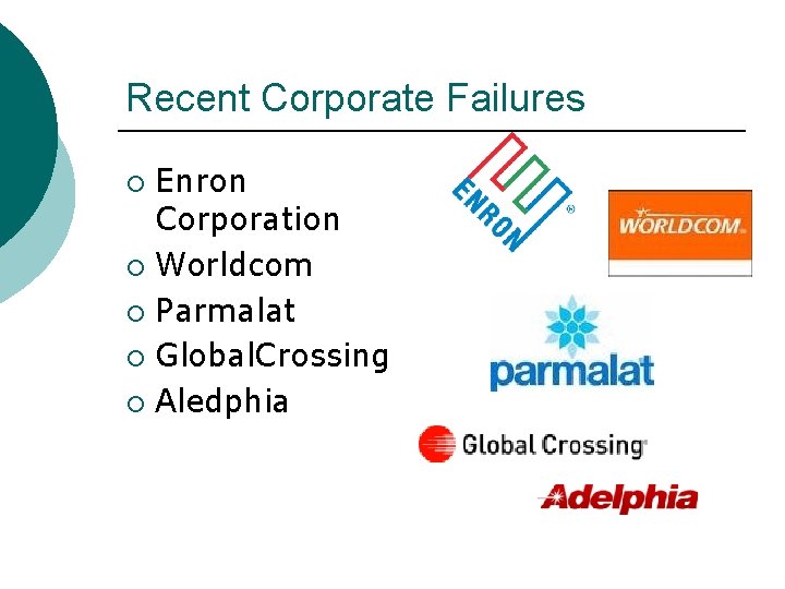 Recent Corporate Failures Enron Corporation ¡ Worldcom ¡ Parmalat ¡ Global. Crossing ¡ Aledphia