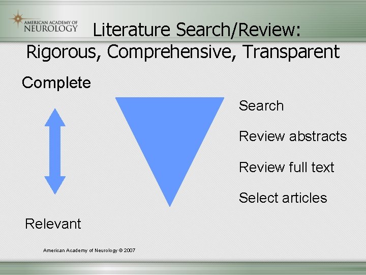 Literature Search/Review: Rigorous, Comprehensive, Transparent Complete Search Review abstracts Review full text Select articles