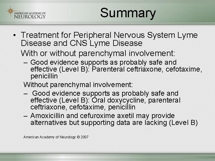 Practice Parameter Treatment of Nervous System Lyme Disease