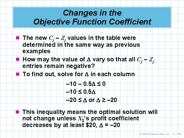 Changes in the Objective Function Coefficient n The new Cj – Zj values in